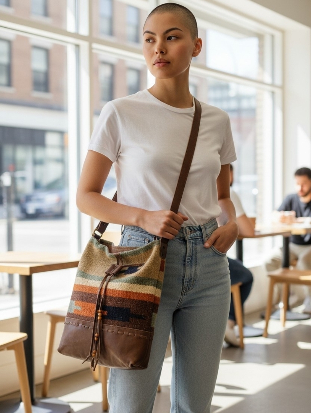 Striped Multi-Color Canvas & Leather Bucket Bag - Brown Strap